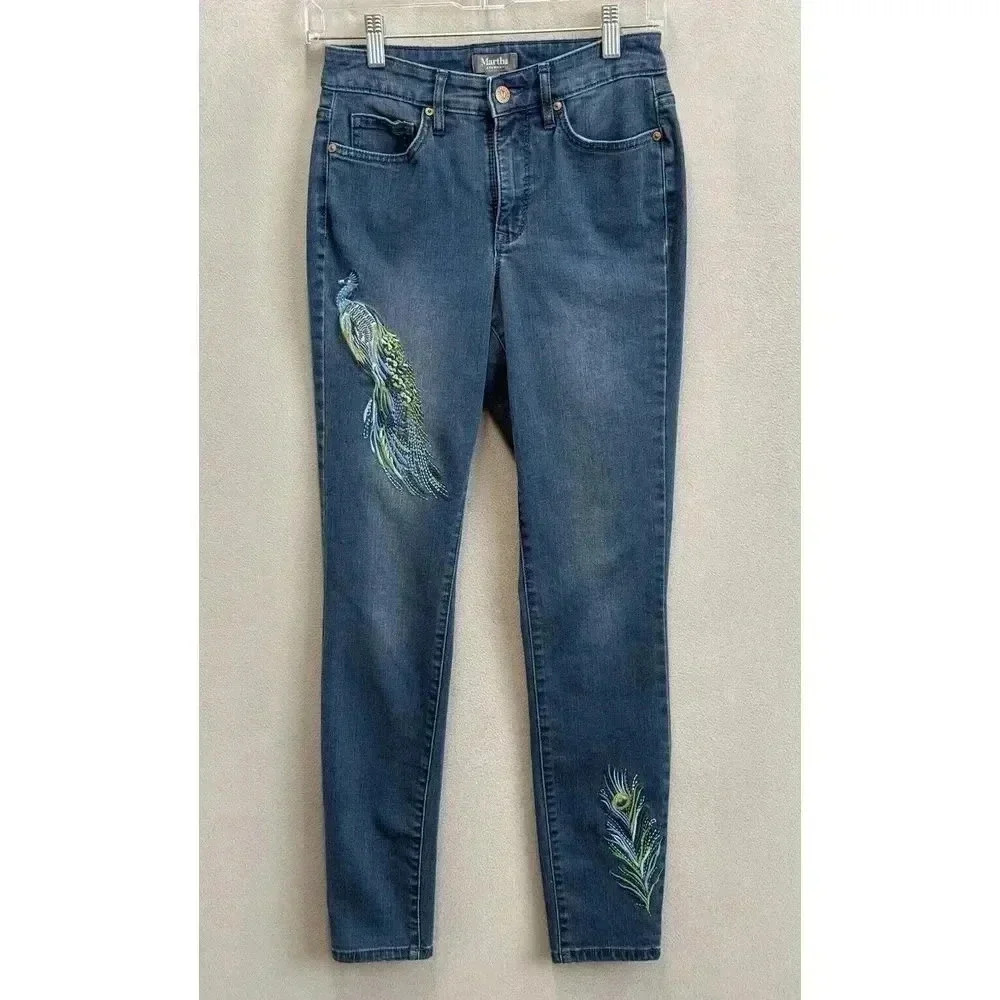 Martha‎ Stewart Jeans Women's Sz 0 Blue Peacock Embroidered High Rise Skinny